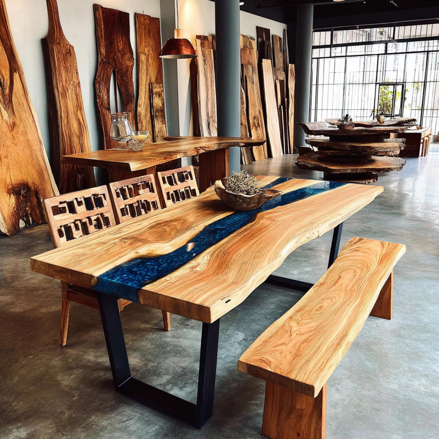 Handmade Live Edge Walnut Epoxy Dining Table, Custom Solid Wood