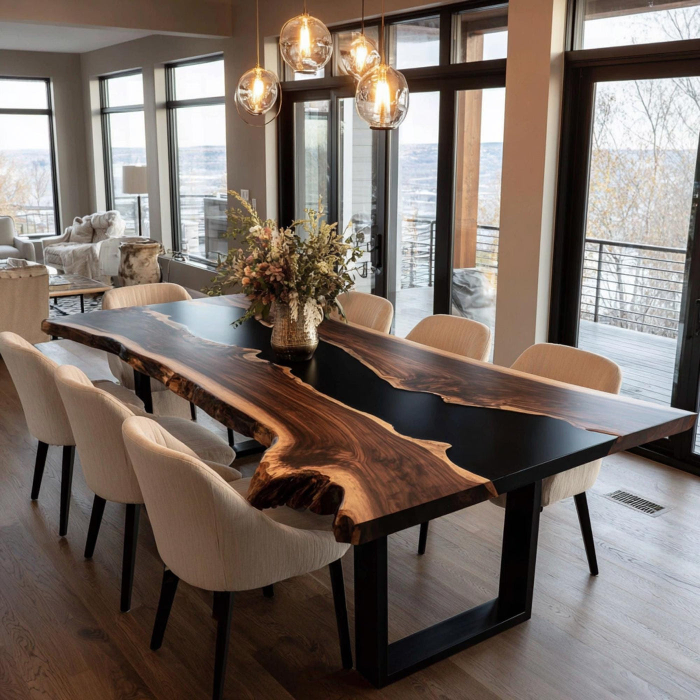Handcrafted Walnut Live Edge Epoxy Dining Table, Custom Metal Legs