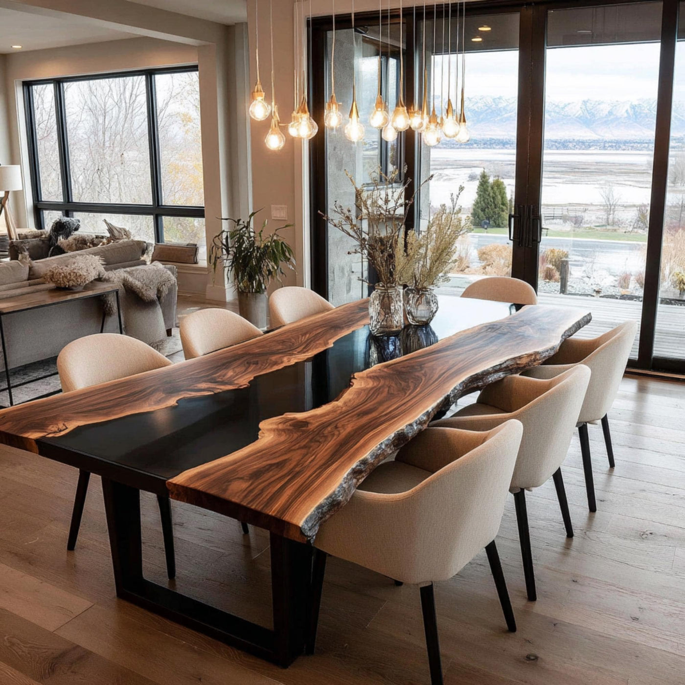 Handcrafted Walnut Live Edge Epoxy Dining Table, Custom Metal Legs