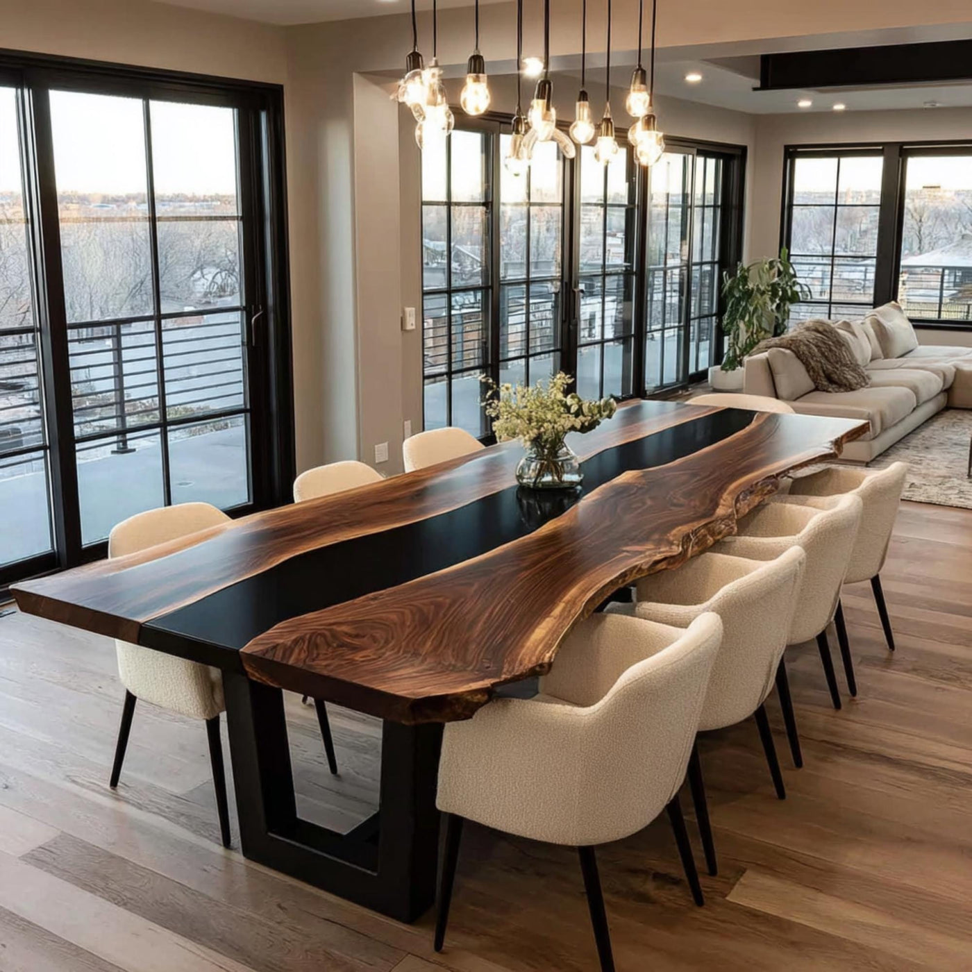 Handcrafted Walnut Live Edge Epoxy Dining Table, Custom Metal Legs