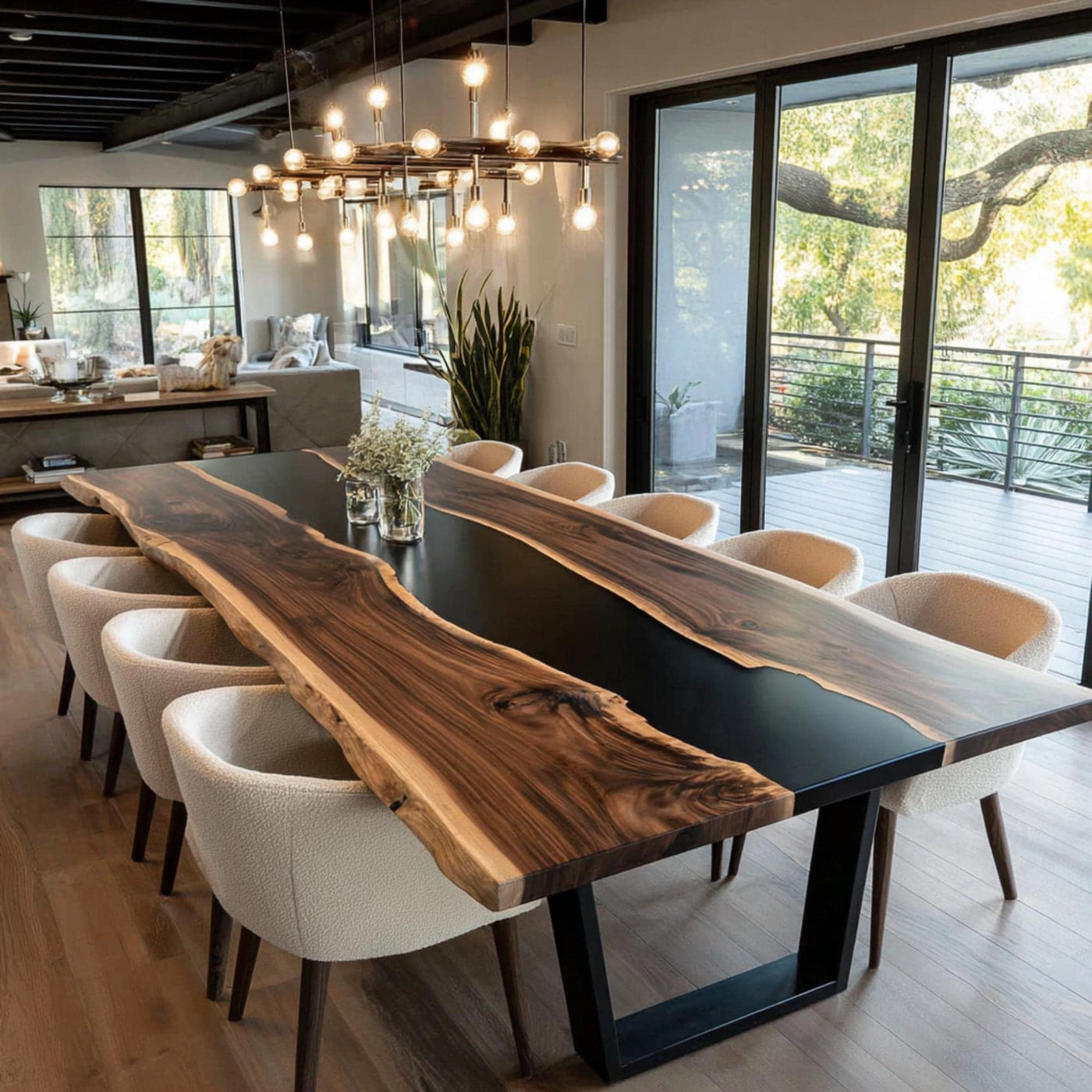 Handcrafted Walnut Live Edge Epoxy Dining Table, Custom Metal Legs