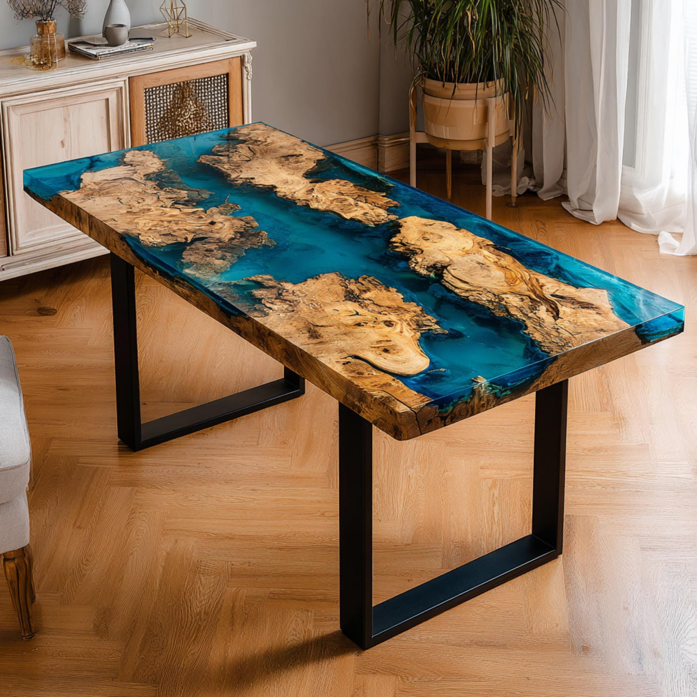 Handmade Walnut Epoxy Resin Table, Live Edge Dining Table